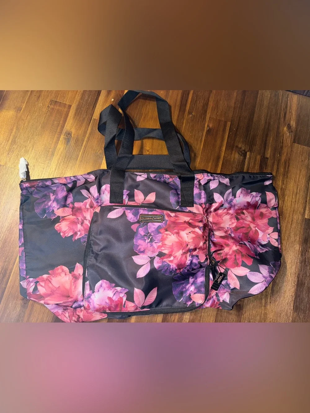 NWT Victoria's Secret Black Pink Purple Floral Packable Travel Tote Bag & Pouch